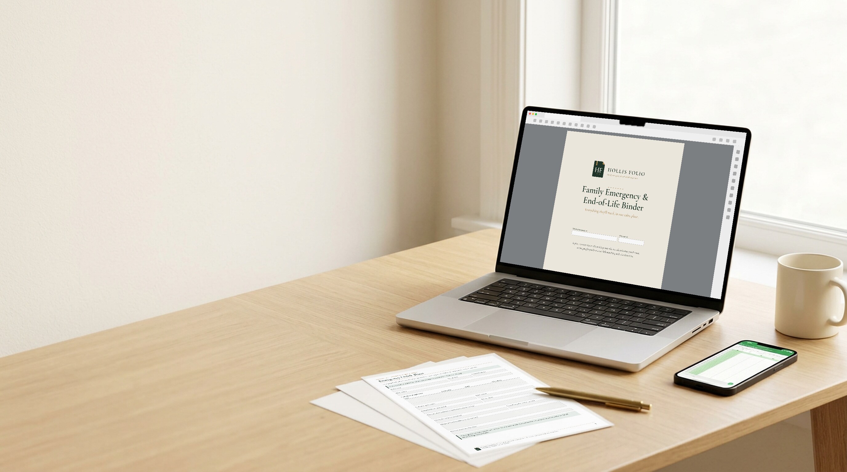 The Hollis Folio binder PDF open on a laptop, the spreadsheet companion on a phone, and a few pages printed at home