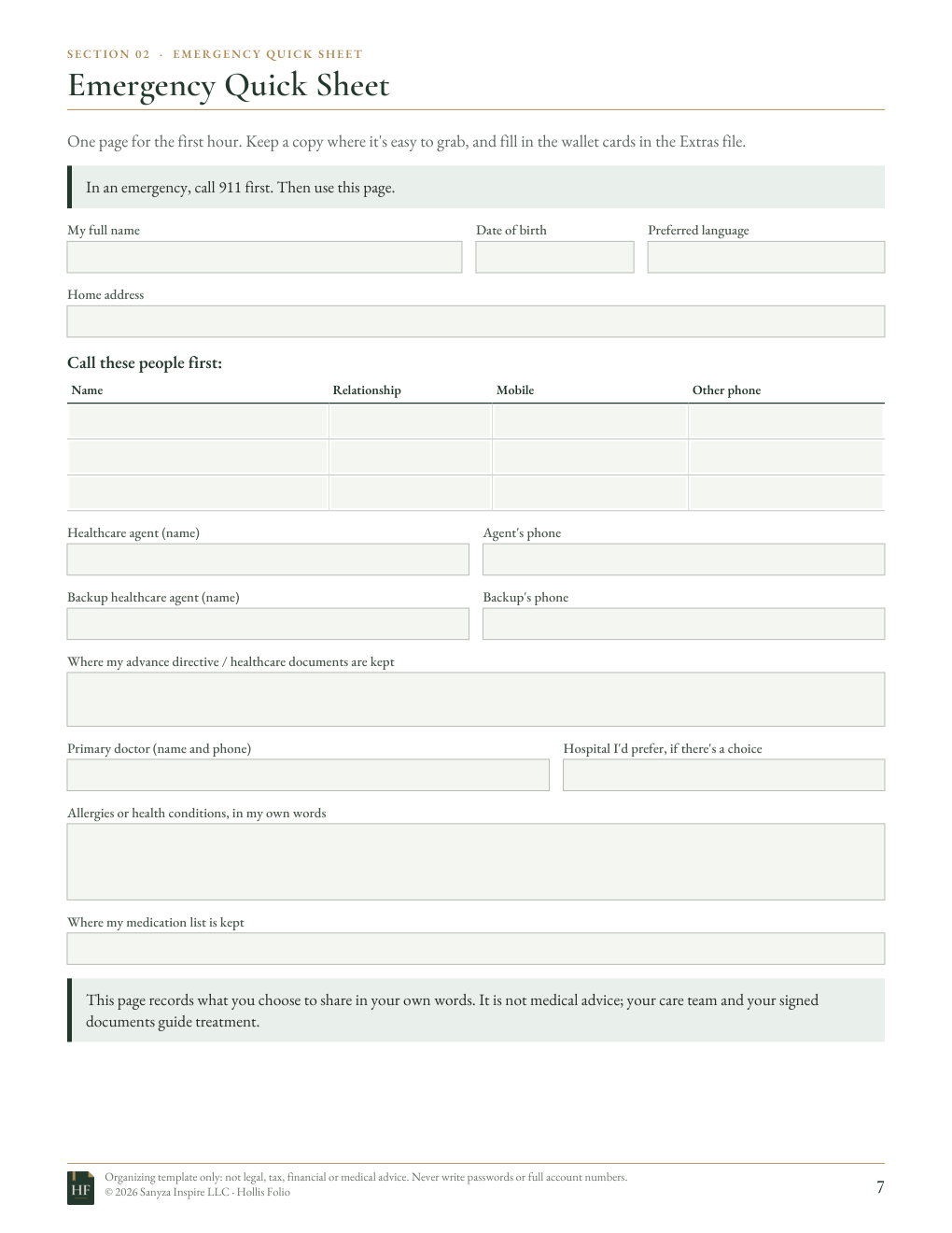 Preview of the Emergency Quick Sheet page